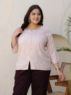 Juniper Women's The Mishri Nude Floral Printed & Gathered Rayon Plus Size Tunic | Grocsy