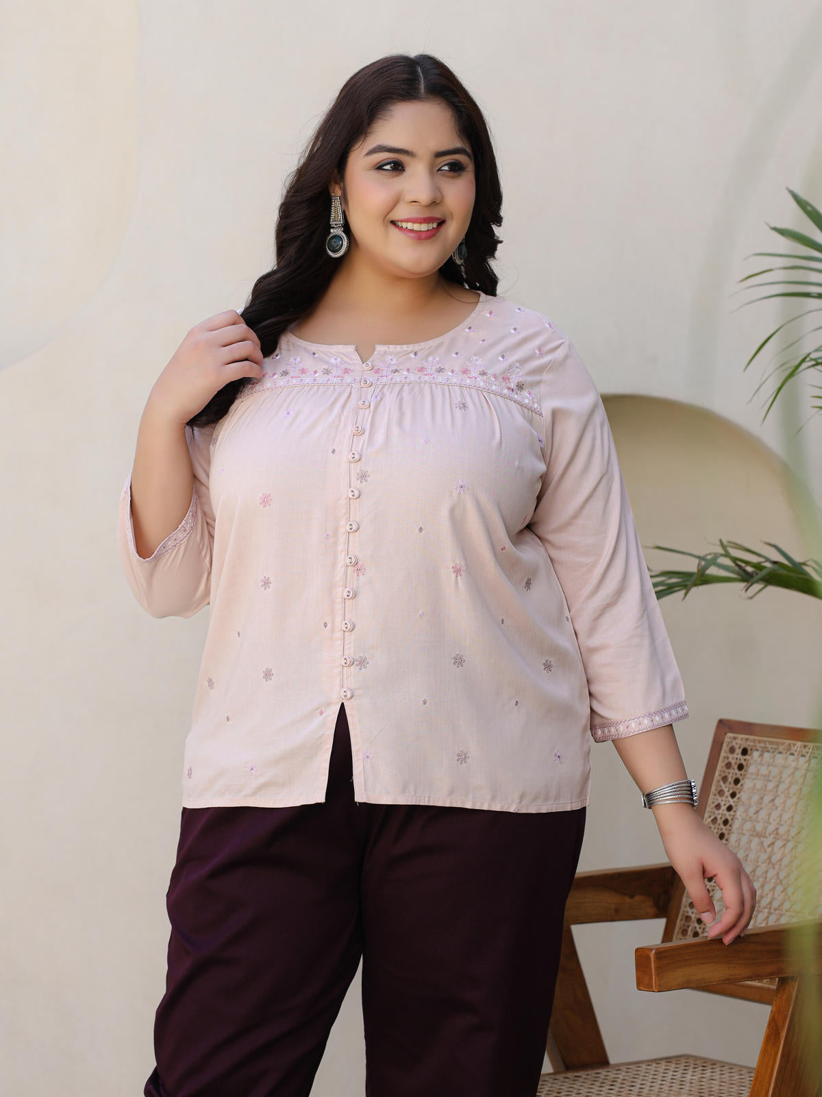 Juniper Women's The Mishri Nude Floral Printed & Gathered Rayon Plus Size Tunic | Grocsy
