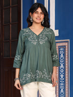 Juniper Green Modal Rayon Alia-Cut Embroidered Tunic | Grocsy