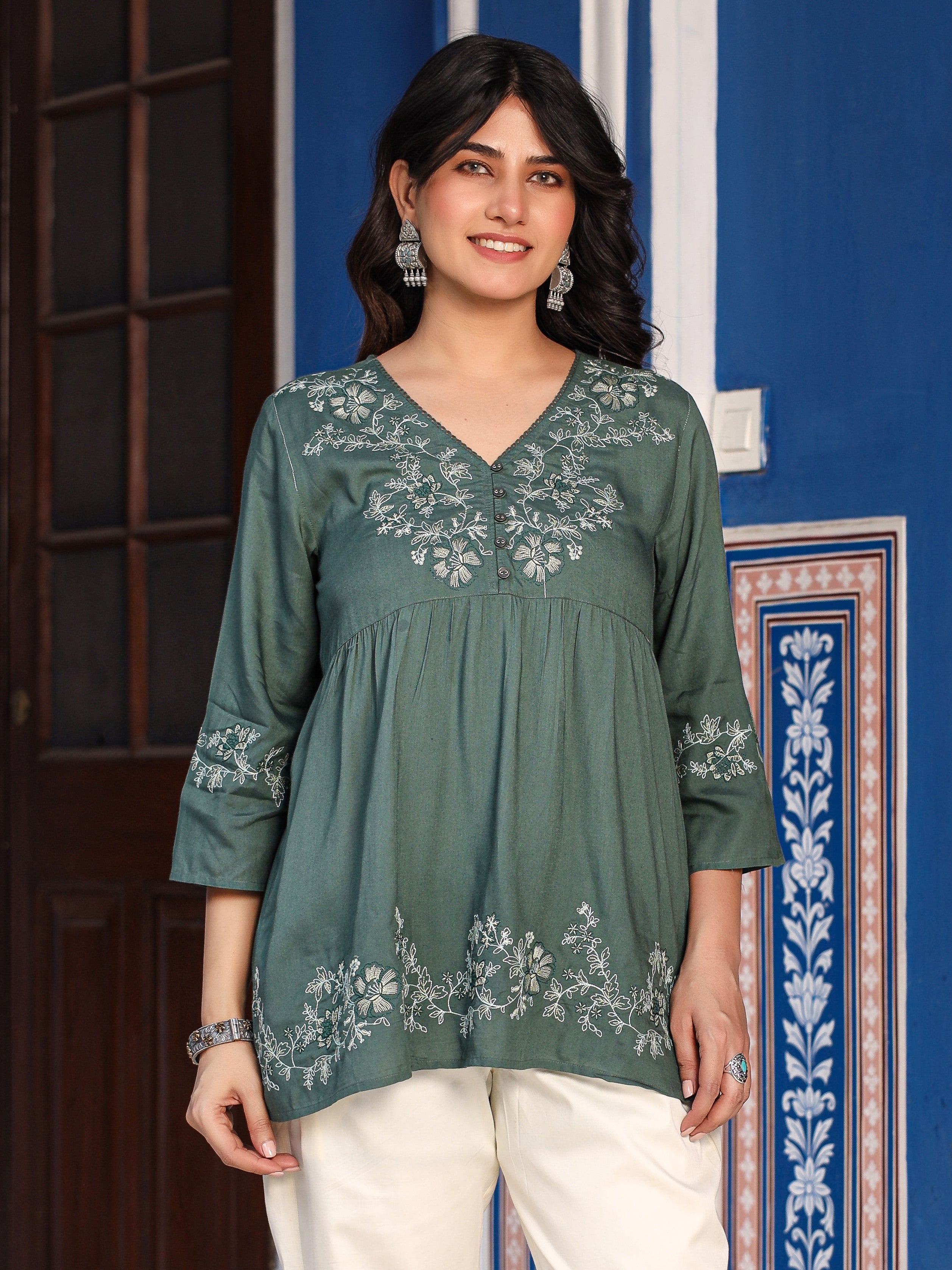 Juniper Green Modal Rayon Alia-Cut Embroidered Tunic | Grocsy