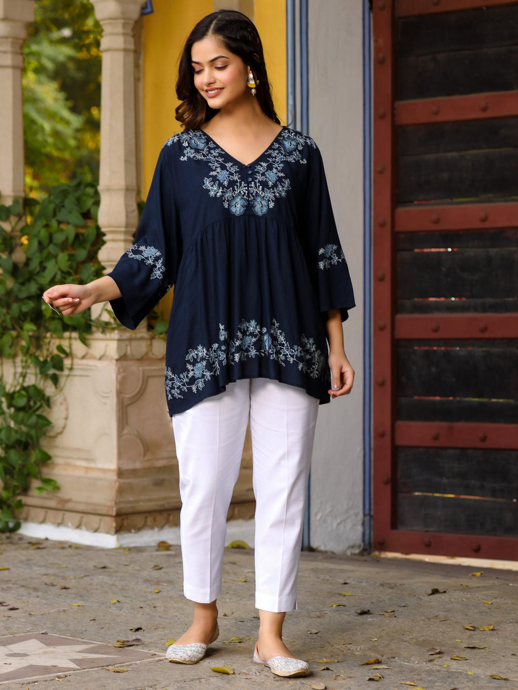 Juniper Navy Blue Modal Rayon Alia-Cut Embroidered Tunic | Grocsy