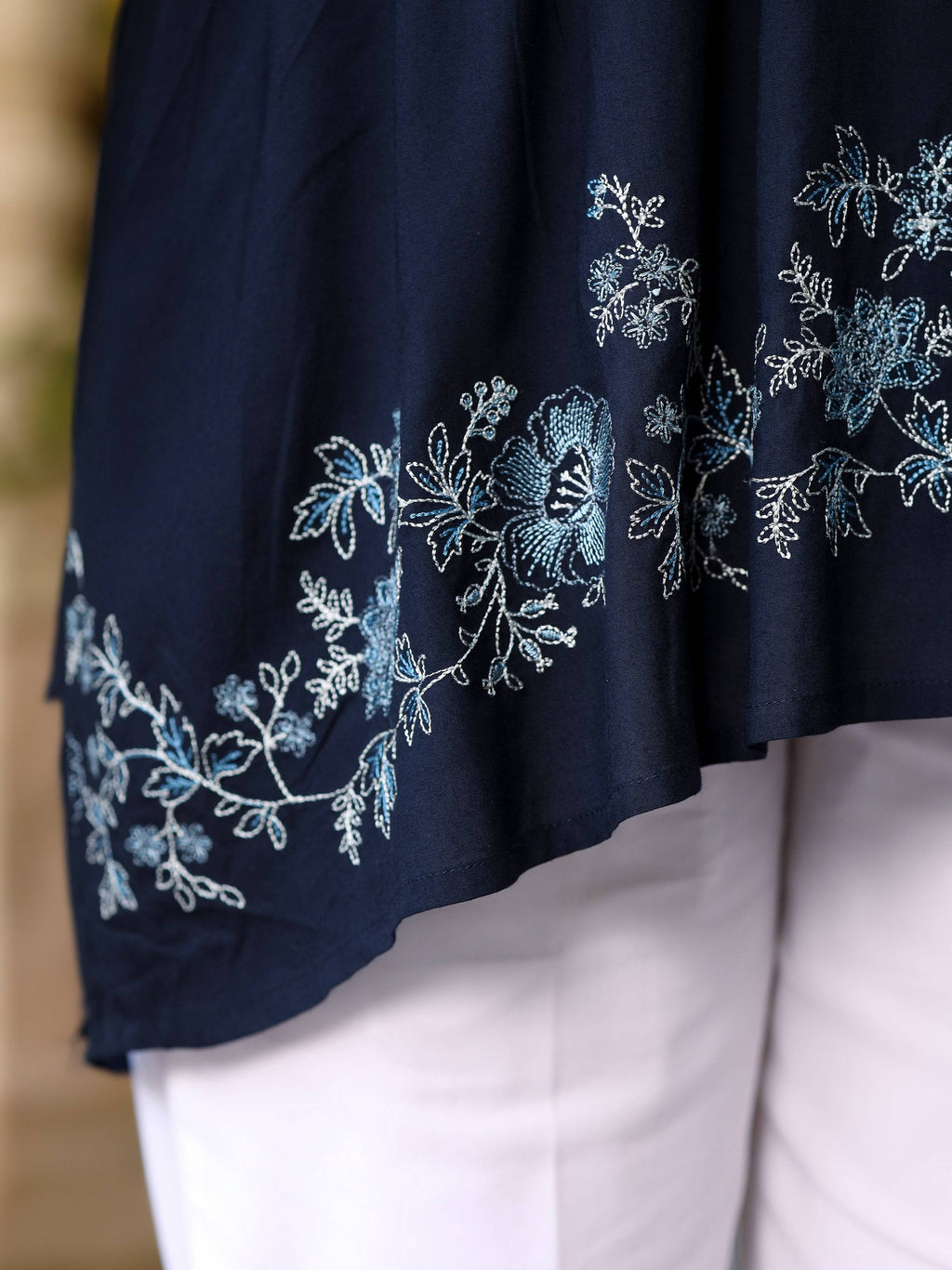 Juniper Navy Blue Modal Rayon Alia-Cut Embroidered Tunic | Grocsy