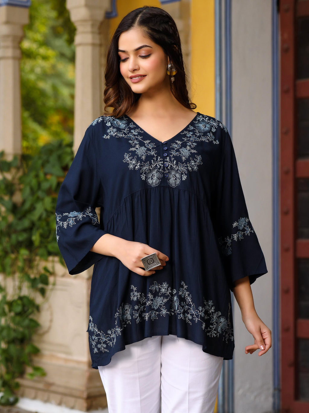 Juniper Navy Blue Modal Rayon Alia-Cut Embroidered Tunic | Grocsy