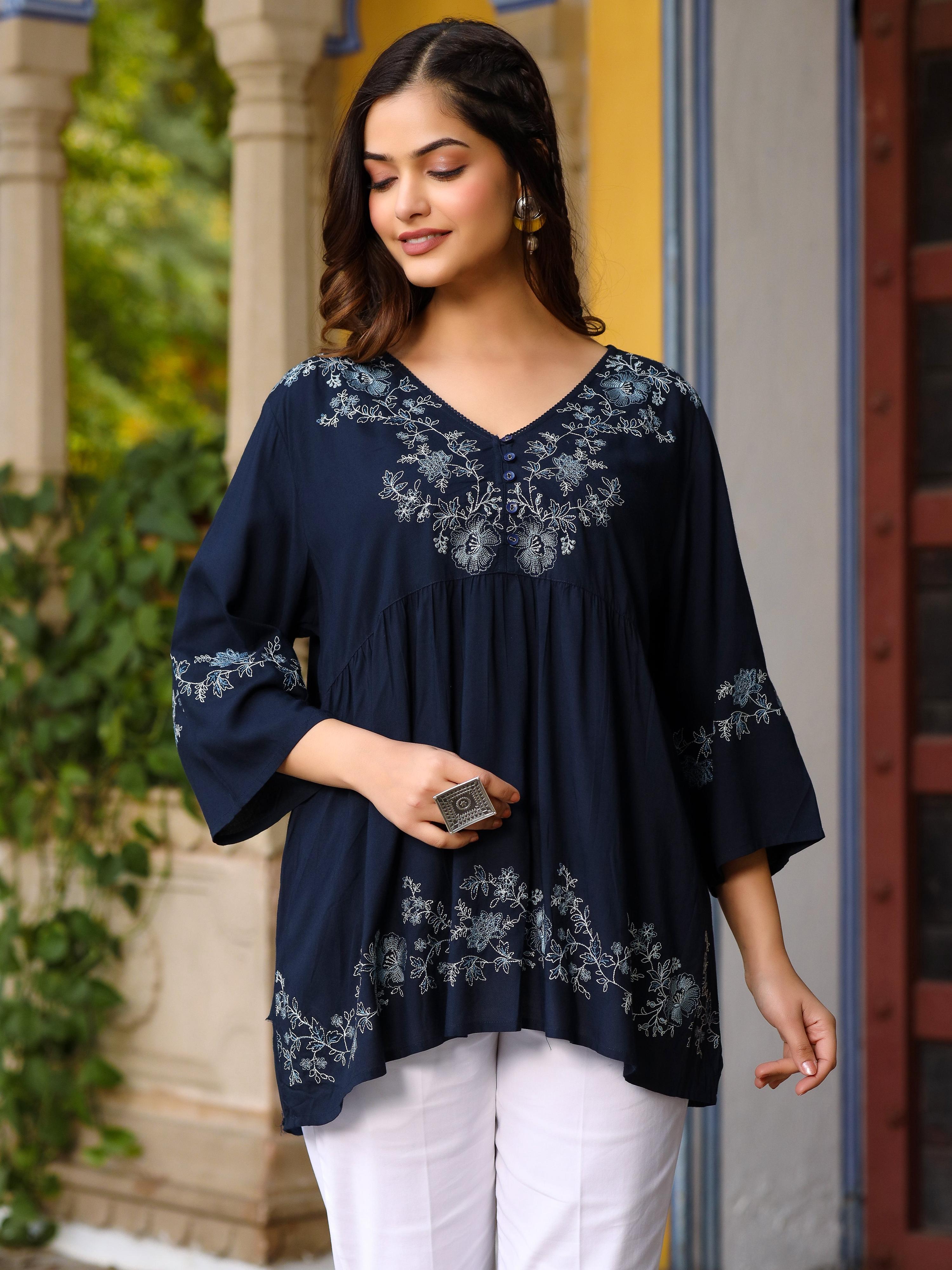 Juniper Navy Blue Modal Rayon Alia-Cut Embroidered Tunic | Grocsy