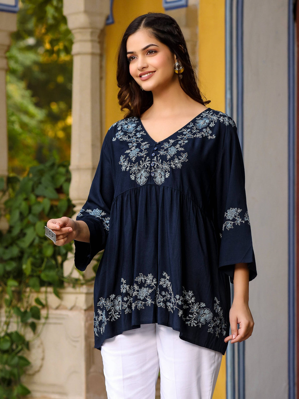 Juniper Navy Blue Modal Rayon Alia-Cut Embroidered Tunic | Grocsy