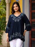 Juniper Navy Blue Modal Rayon Alia-Cut Embroidered Tunic | Grocsy