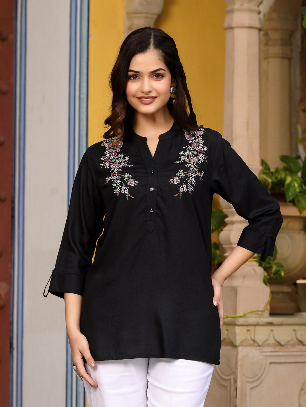 Juniper Black Modal Rayon Embroidered Tunic | Grocsy