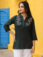 Juniper Green Modal Rayon Embroidered Tunic | Grocsy