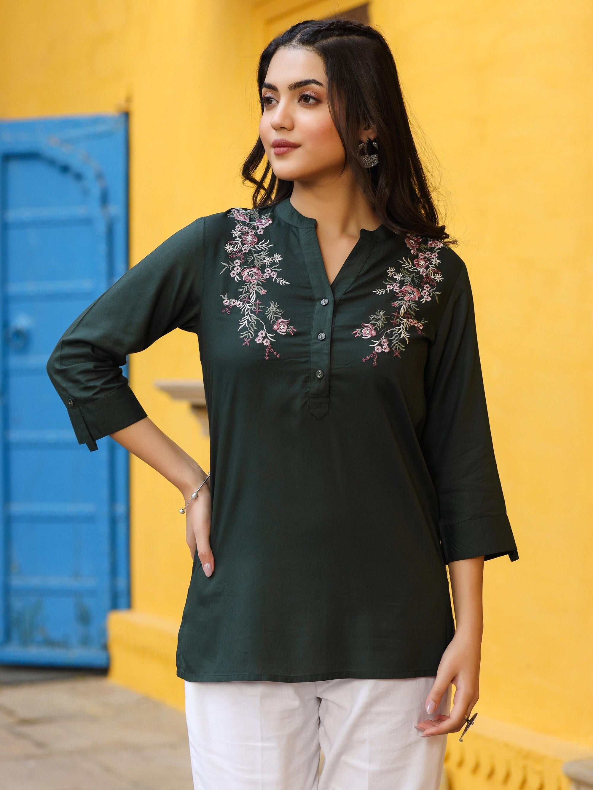 Juniper Women's Green Modal Rayon Embroidered Tunic | Grocsy