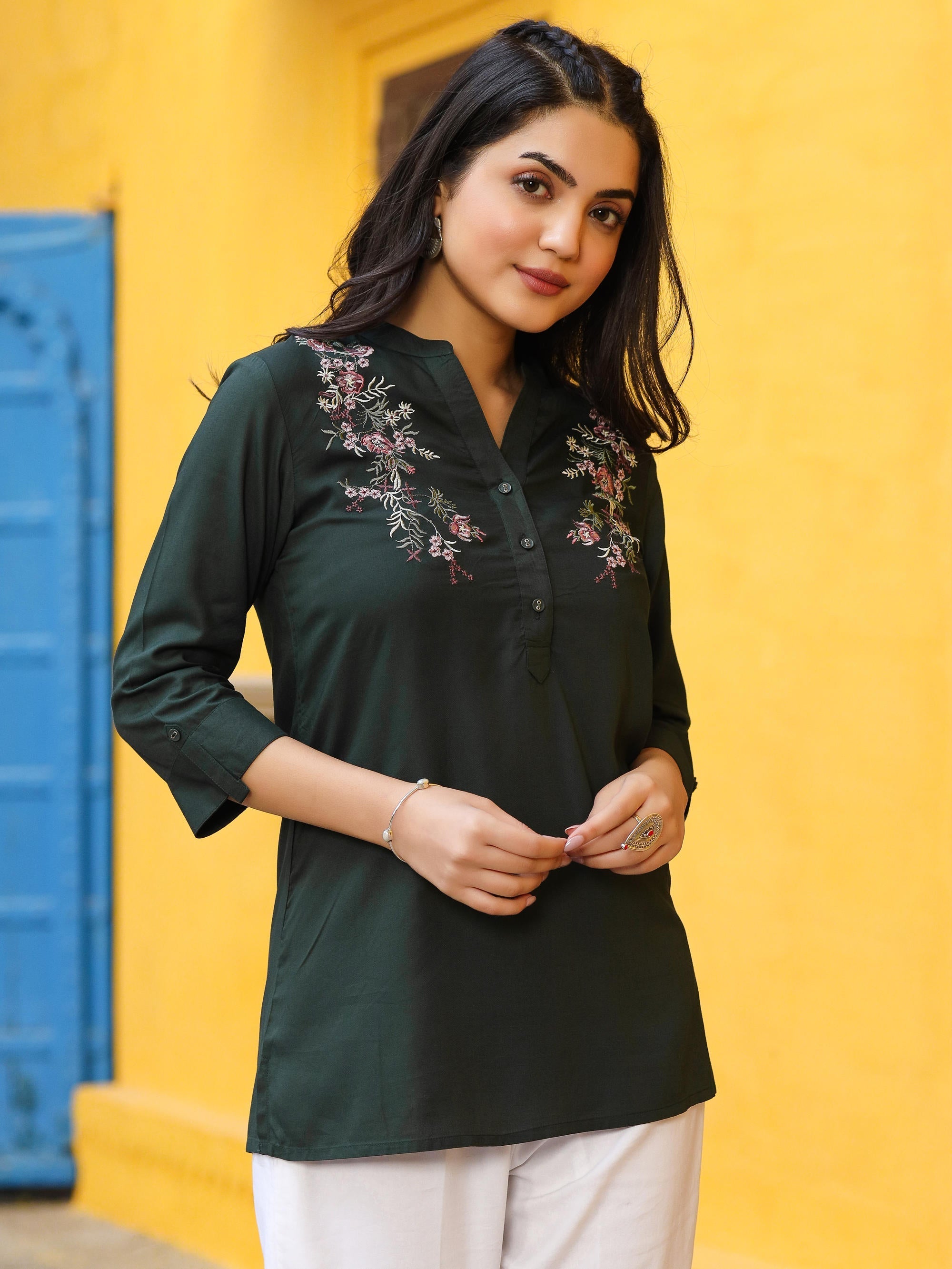Juniper Women's Green Modal Rayon Embroidered Tunic | Grocsy