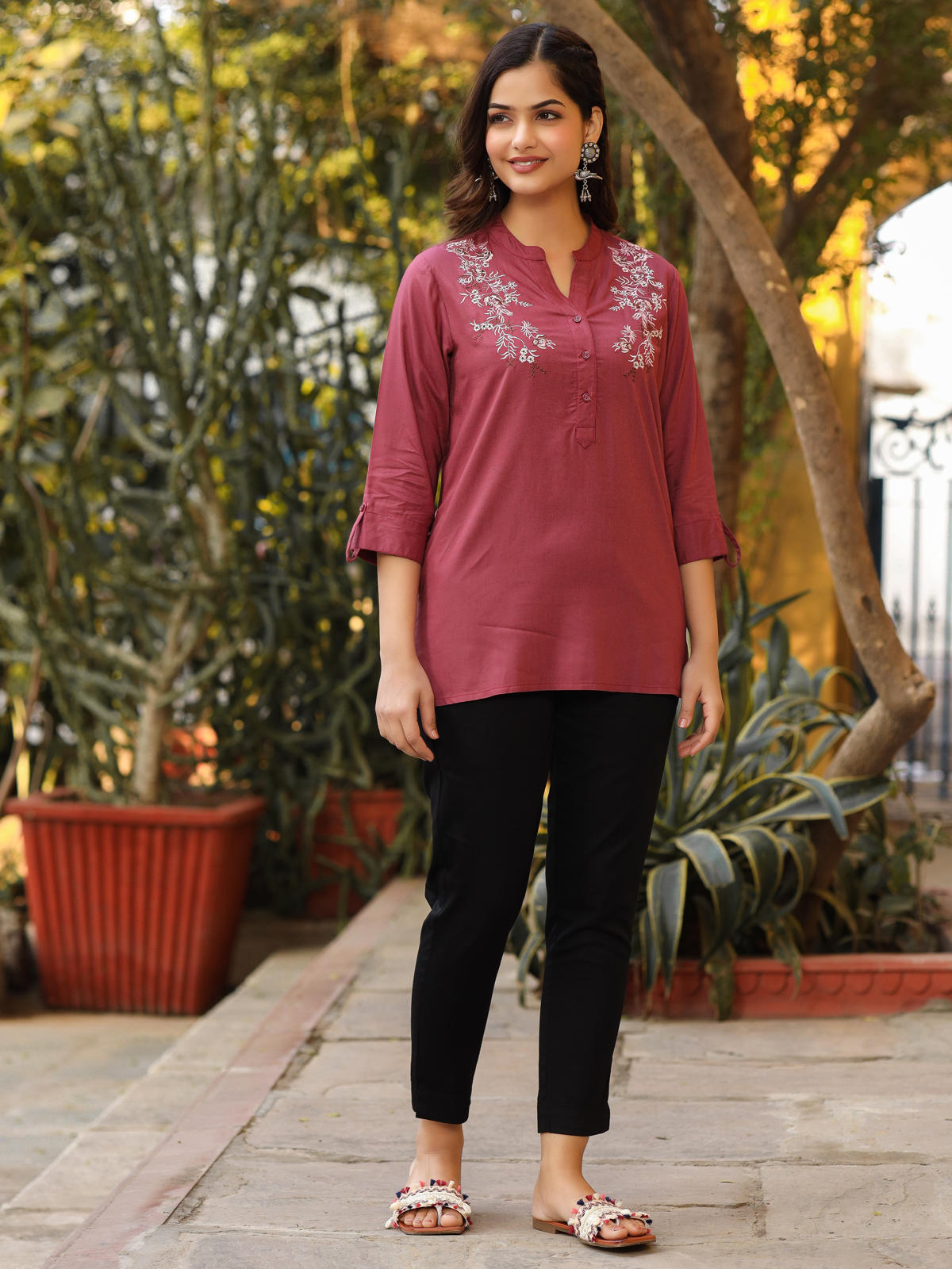 Juniper Women's Onion Pink Modal Rayon Embroidered Tunic | Grocsy