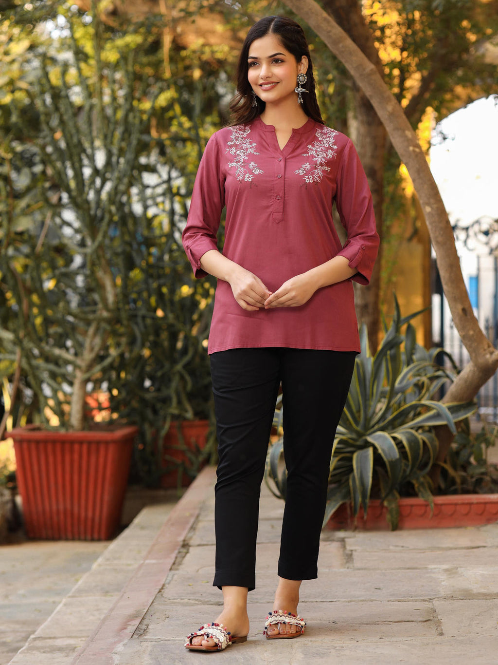 Juniper Women's Onion Pink Modal Rayon Embroidered Tunic | Grocsy