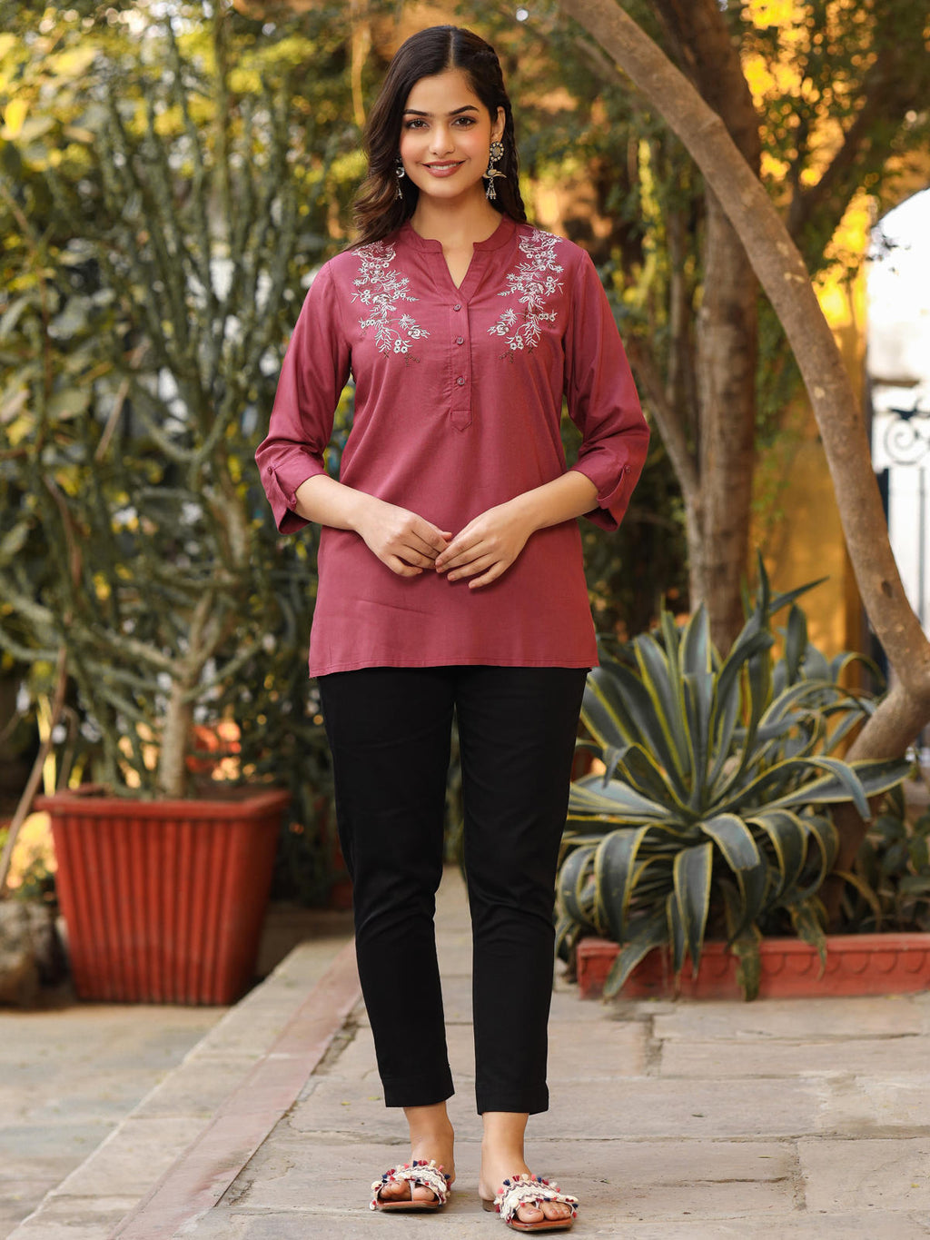 Juniper Women's Onion Pink Modal Rayon Embroidered Tunic | Grocsy