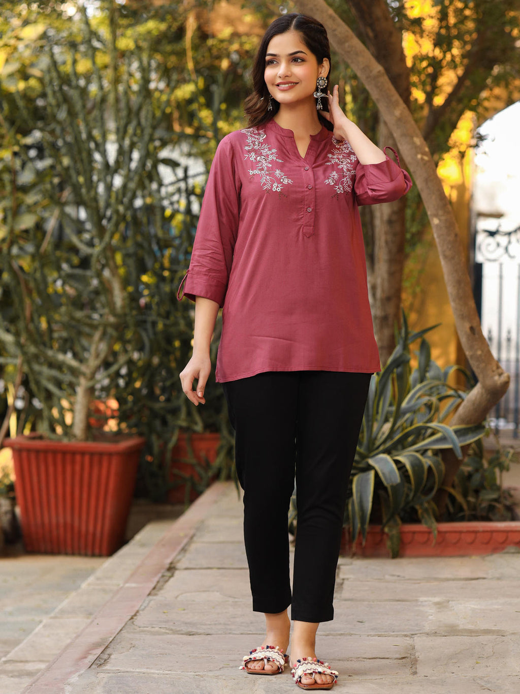 Juniper Women's Onion Pink Modal Rayon Embroidered Tunic | Grocsy