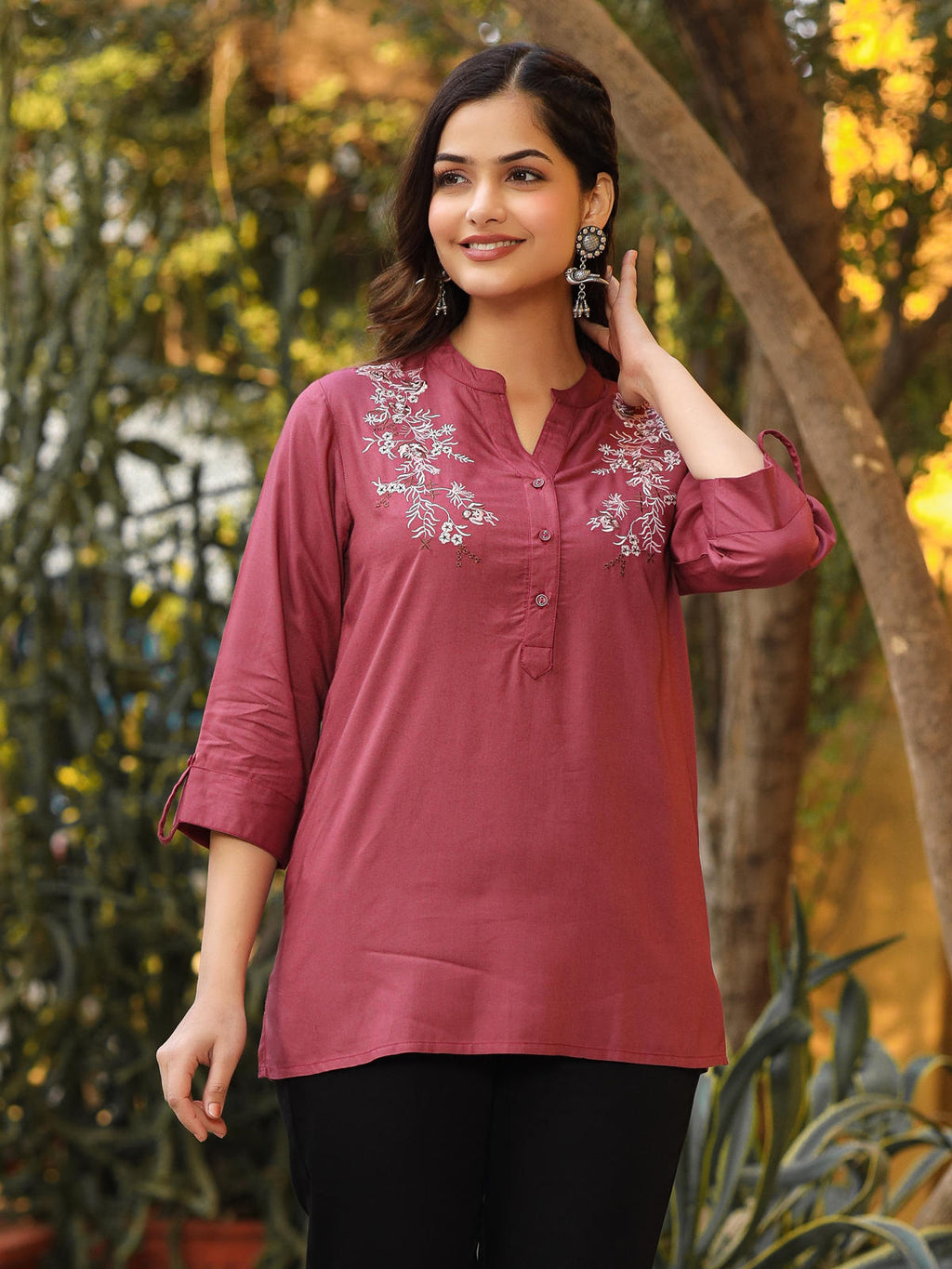 Juniper Women's Onion Pink Modal Rayon Embroidered Tunic | Grocsy