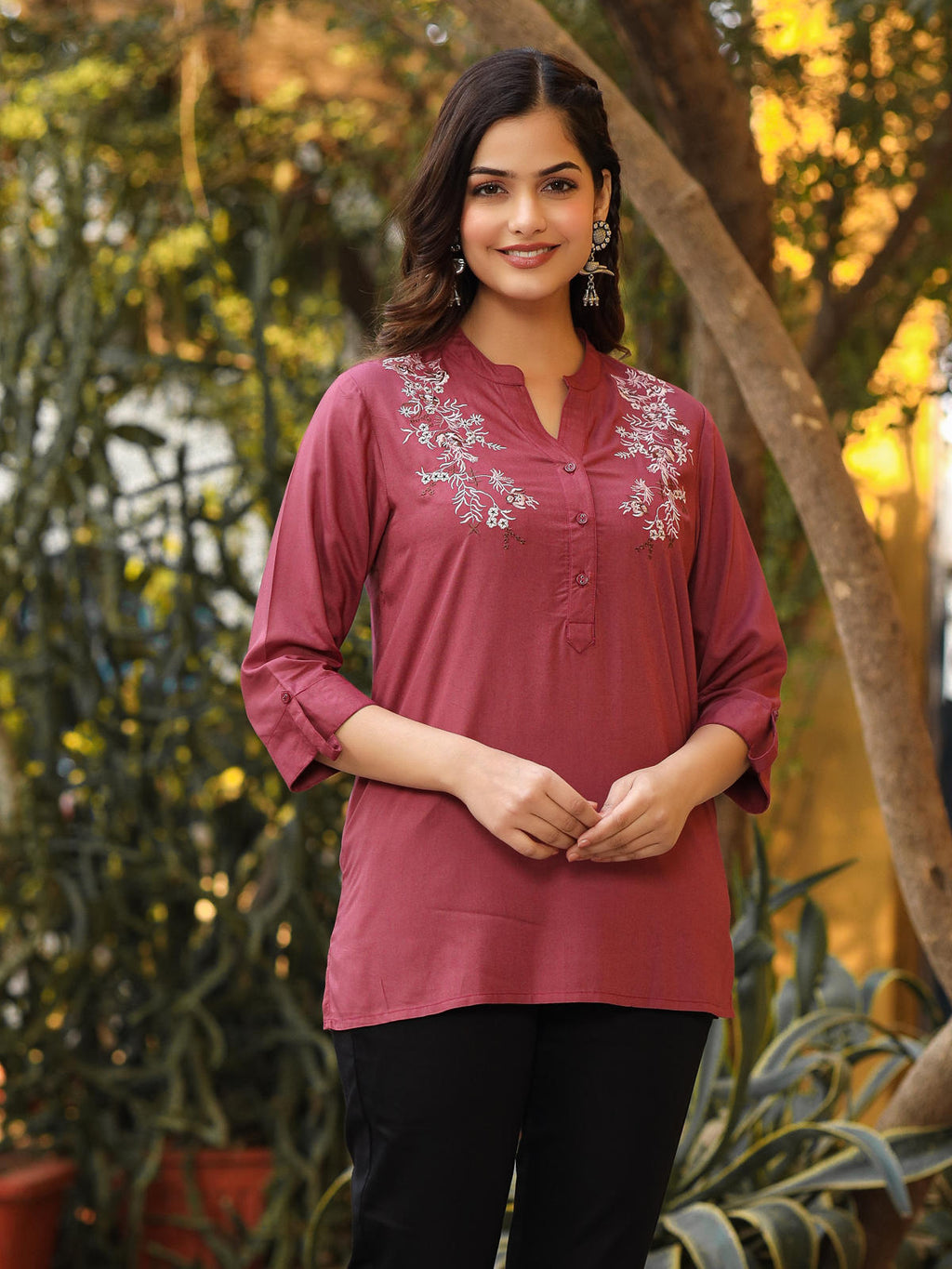 Juniper Women's Onion Pink Modal Rayon Embroidered Tunic | Grocsy