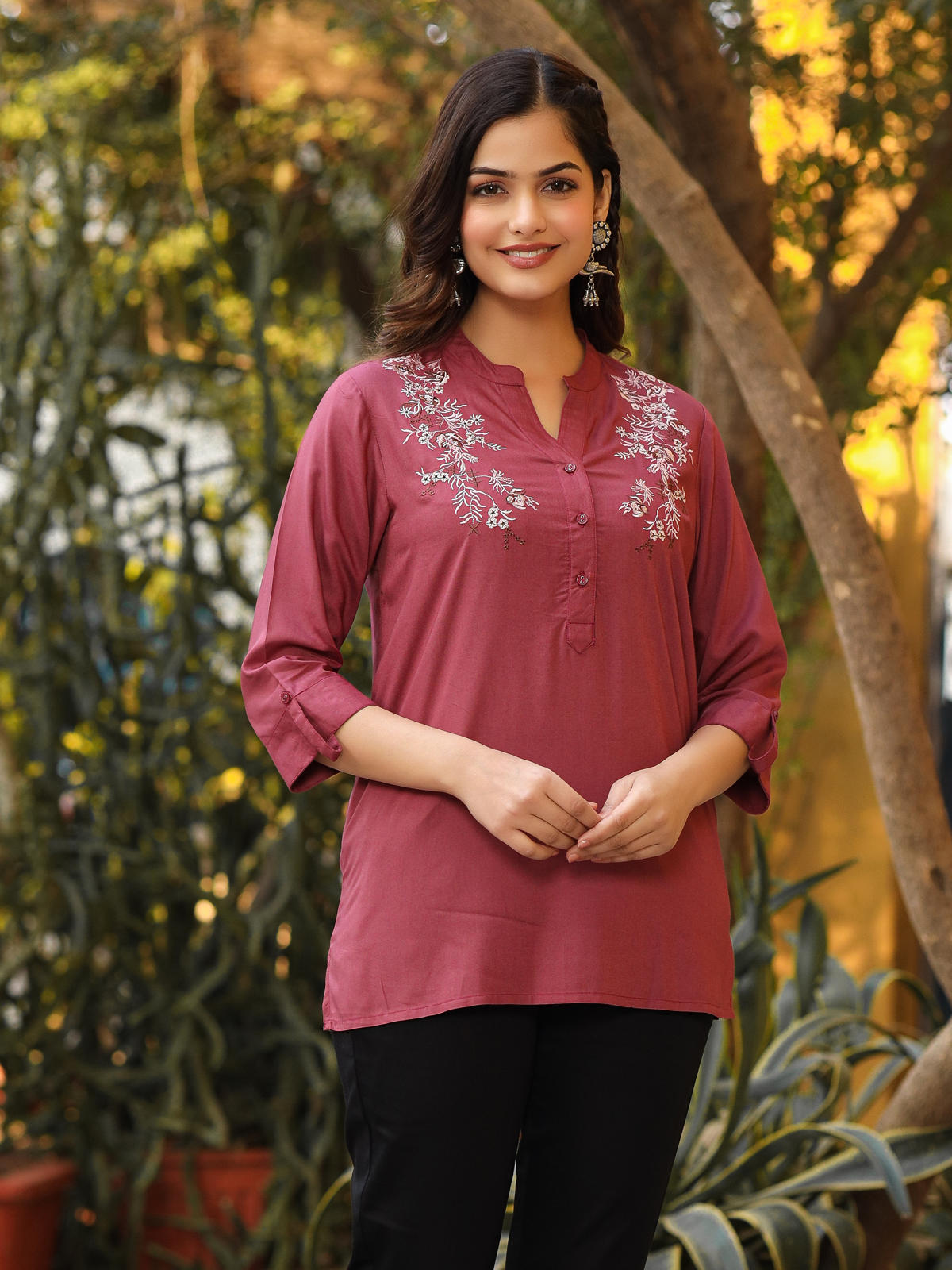 Juniper Women's Onion Pink Modal Rayon Embroidered Tunic | Grocsy