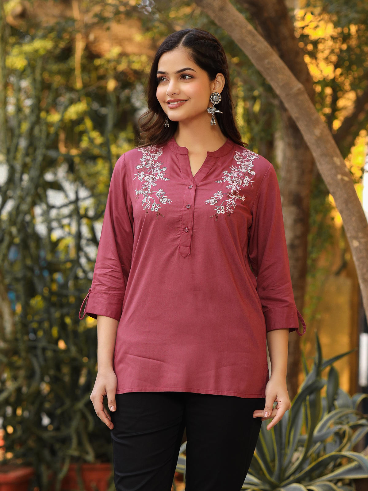 Juniper Women's Onion Pink Modal Rayon Embroidered Tunic | Grocsy