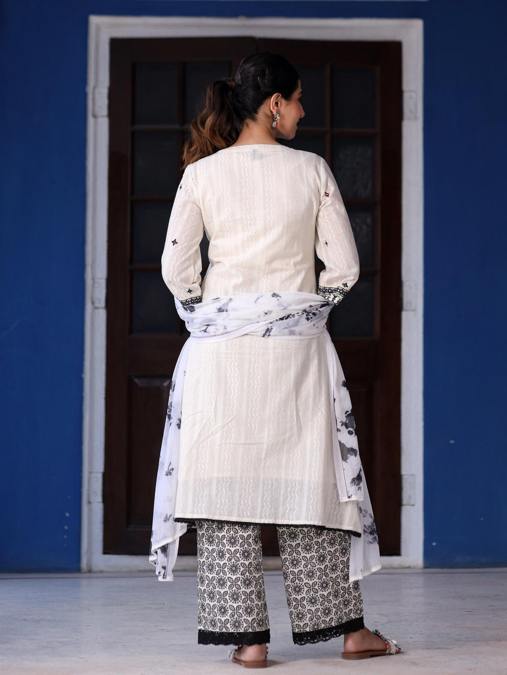 Juniper Women's Off-White & Black Cotton Dobby Pleated Embroidered Kurta Palazzo & Dupatta Set | Grocsy