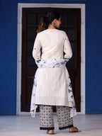 Juniper Women's Off-White & Black Cotton Dobby Pleated Embroidered Kurta Palazzo & Dupatta Set | Grocsy
