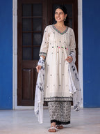 Juniper Women's Off-White & Black Cotton Dobby Pleated Embroidered Kurta Palazzo & Dupatta Set | Grocsy
