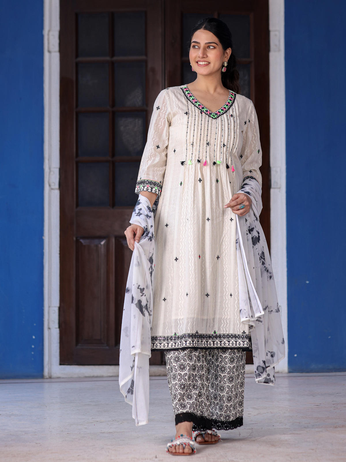 Juniper Women's Off-White & Black Cotton Dobby Pleated Embroidered Kurta Palazzo & Dupatta Set | Grocsy