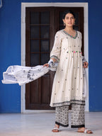 Juniper Women's Off-White & Black Cotton Dobby Pleated Embroidered Kurta Palazzo & Dupatta Set | Grocsy