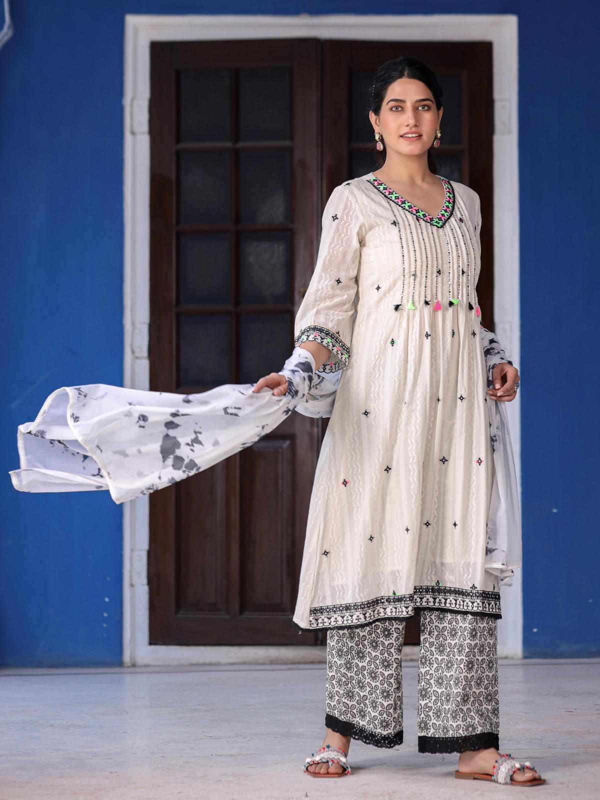 Juniper Women's Off-White & Black Cotton Dobby Pleated Embroidered Kurta Palazzo & Dupatta Set | Grocsy