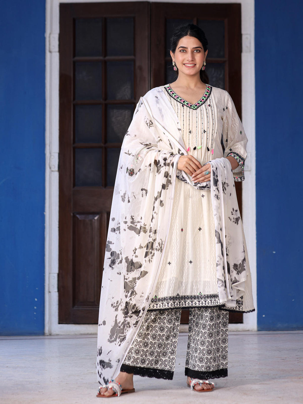Juniper Women's Off-White & Black Cotton Dobby Pleated Embroidered Kurta Palazzo & Dupatta Set | Grocsy