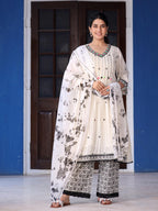 Juniper Women's Off-White & Black Cotton Dobby Pleated Embroidered Kurta Palazzo & Dupatta Set | Grocsy