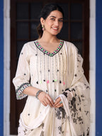 Juniper Women's Off-White & Black Cotton Dobby Pleated Embroidered Kurta Palazzo & Dupatta Set | Grocsy