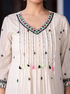 Juniper Women's Off-White & Black Cotton Dobby Pleated Embroidered Kurta Palazzo & Dupatta Set | Grocsy