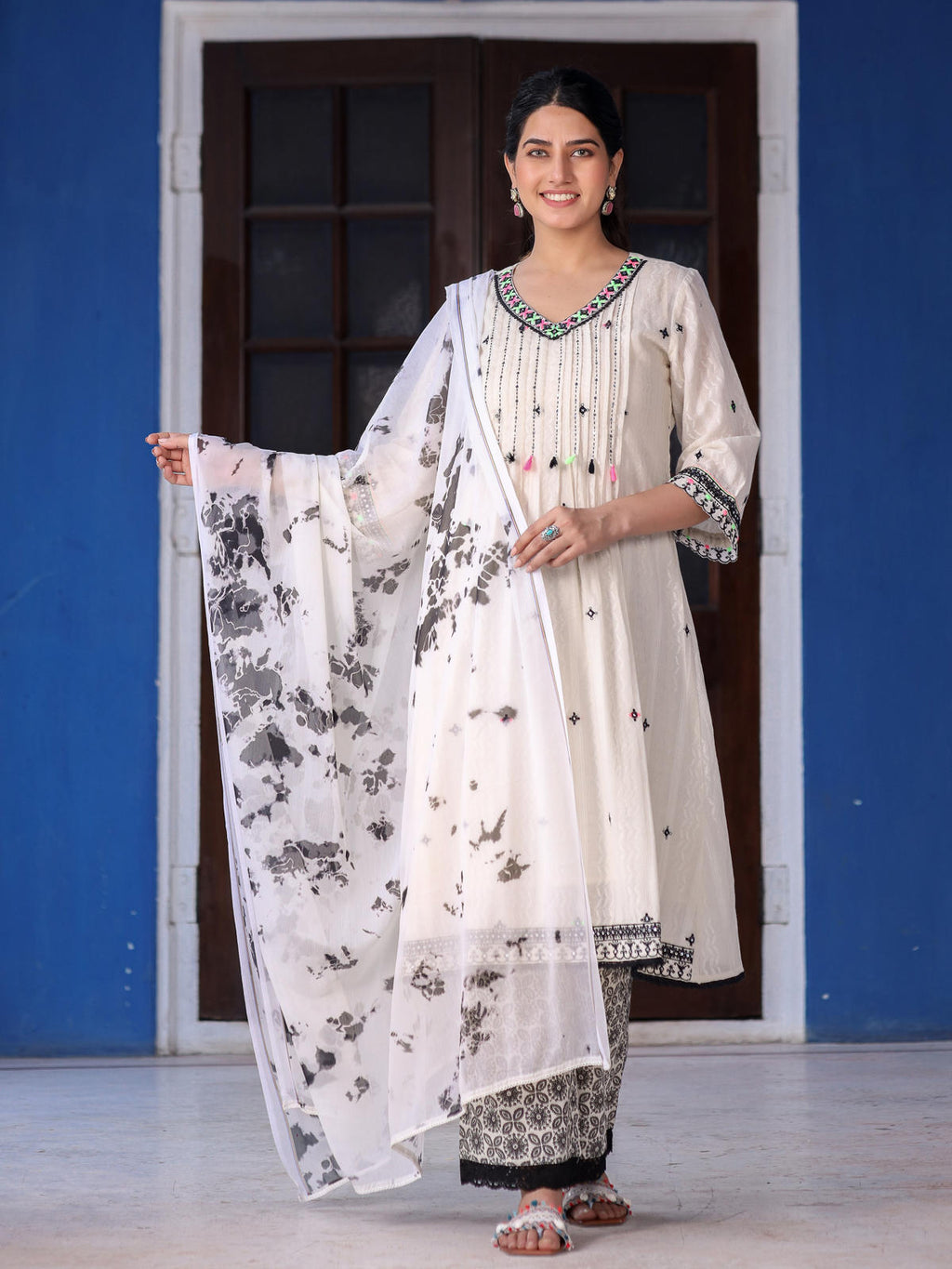 Juniper Women's Off-White & Black Cotton Dobby Pleated Embroidered Kurta Palazzo & Dupatta Set | Grocsy