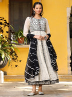 Juniper Off-White & Black Cotton Embroidered Anarkali Dress With Jacket & Tie-Dye Dupatta | Grocsy