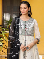 Juniper Off-White & Black Cotton Embroidered Anarkali Dress With Jacket & Tie-Dye Dupatta | Grocsy