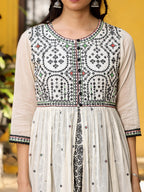 Juniper Off-White & Black Cotton Embroidered Anarkali Dress With Jacket & Tie-Dye Dupatta | Grocsy