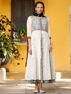 Juniper Off-White & Black Cotton Embroidered Anarkali Dress With Jacket & Tie-Dye Dupatta | Grocsy