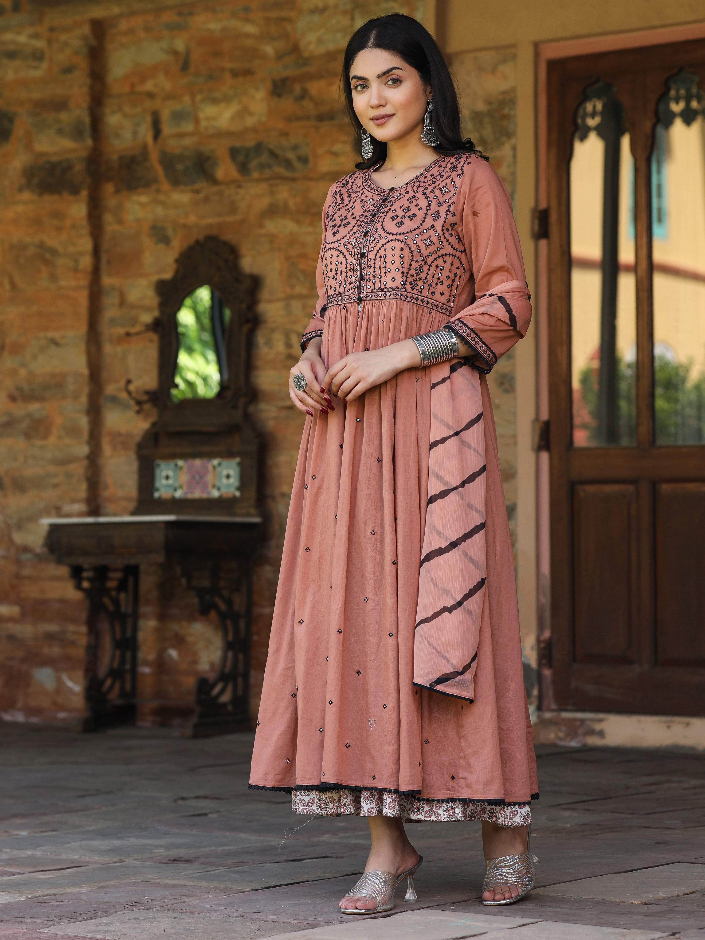 Juniper Women's Onion Pink & Black Cotton Embroidered Anarkali Dress With Jacket & Tie-Dye Dupatta | Grocsy