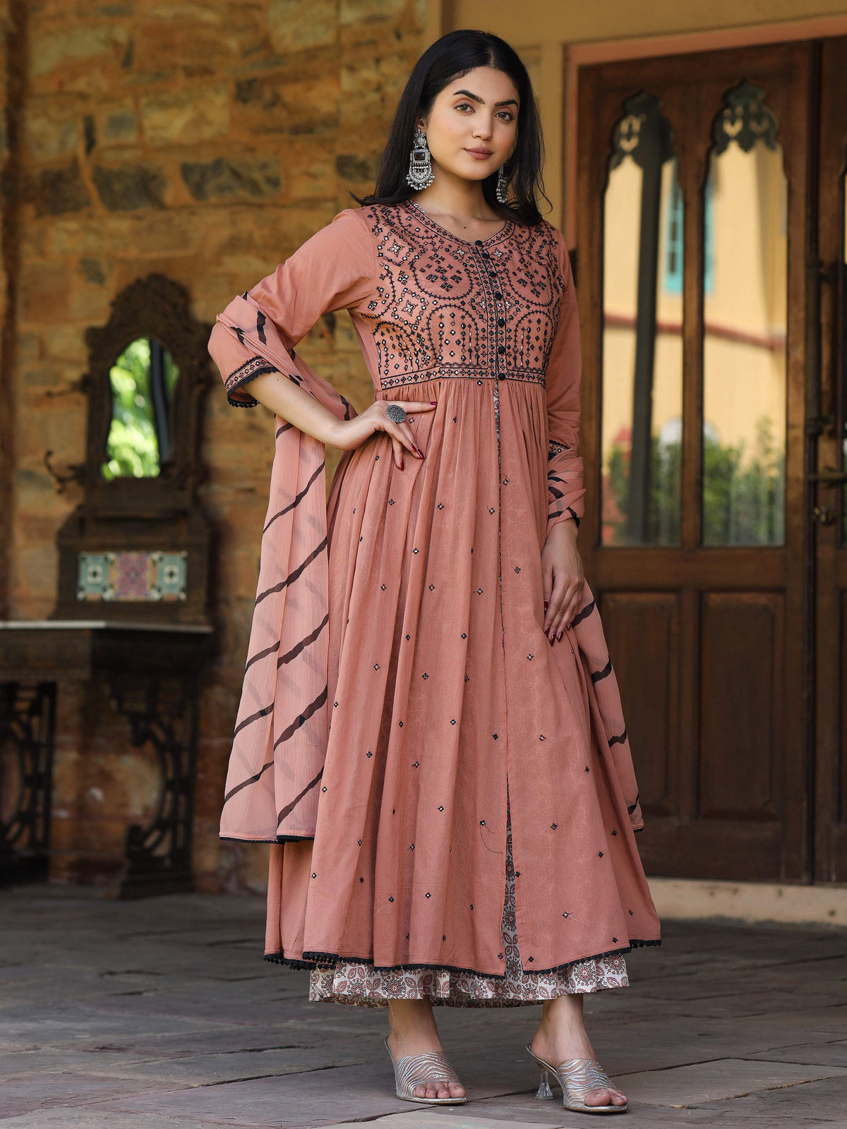 Juniper Women's Onion Pink & Black Cotton Embroidered Anarkali Dress With Jacket & Tie-Dye Dupatta | Grocsy