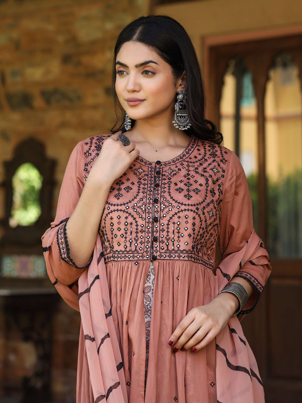 Juniper Women's Onion Pink & Black Cotton Embroidered Anarkali Dress With Jacket & Tie-Dye Dupatta | Grocsy