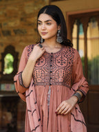 Juniper Women's Onion Pink & Black Cotton Embroidered Anarkali Dress With Jacket & Tie-Dye Dupatta | Grocsy