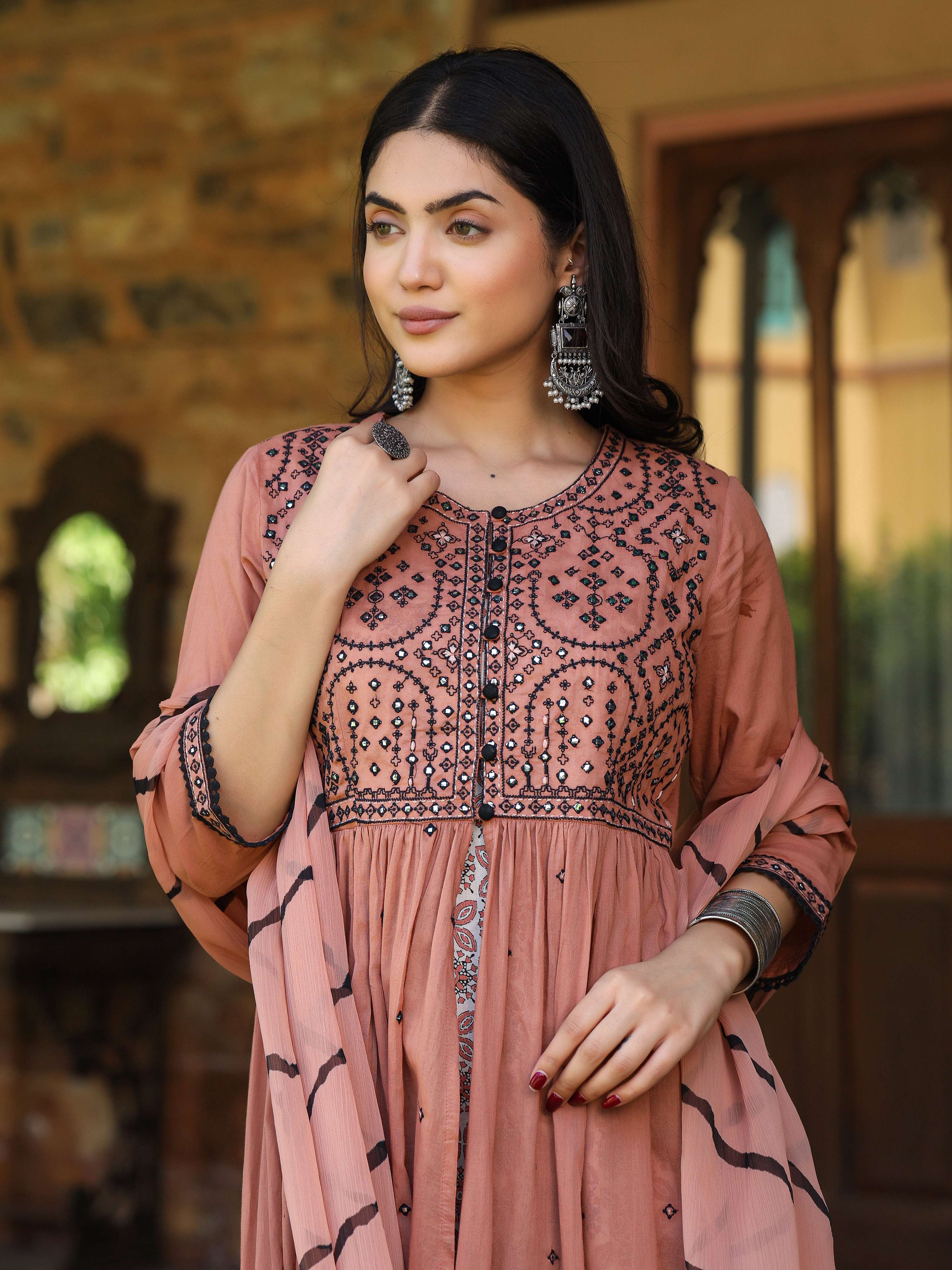 Juniper Women's Onion Pink & Black Cotton Embroidered Anarkali Dress With Jacket & Tie-Dye Dupatta | Grocsy
