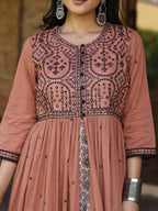 Juniper Women's Onion Pink & Black Cotton Embroidered Anarkali Dress With Jacket & Tie-Dye Dupatta | Grocsy