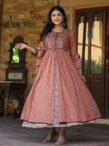 Juniper Women's Onion Pink & Black Cotton Embroidered Anarkali Dress With Jacket & Tie-Dye Dupatta | Grocsy