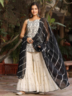 Juniper Women's Off-White & Black Pure Cotton Embroidered Short Kurta Sharara & Dupatta Set | Grocsy