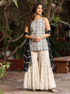 Juniper Women's Off-White & Black Pure Cotton Embroidered Short Kurta Sharara & Dupatta Set | Grocsy
