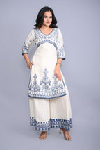 Juniper Women's White Cotton Dobby Embroidered Short Kurta Palazzo & Chiffon Dupatta | Grocsy