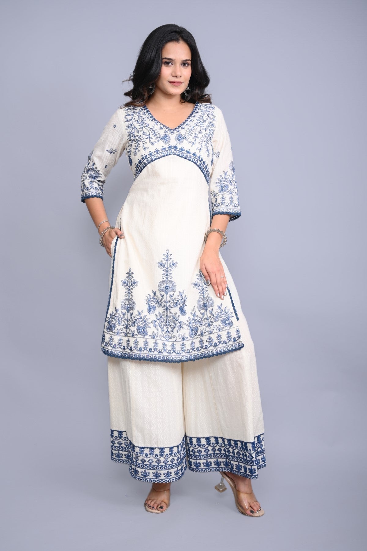 Juniper Women's White Cotton Dobby Embroidered Short Kurta Palazzo & Chiffon Dupatta | Grocsy