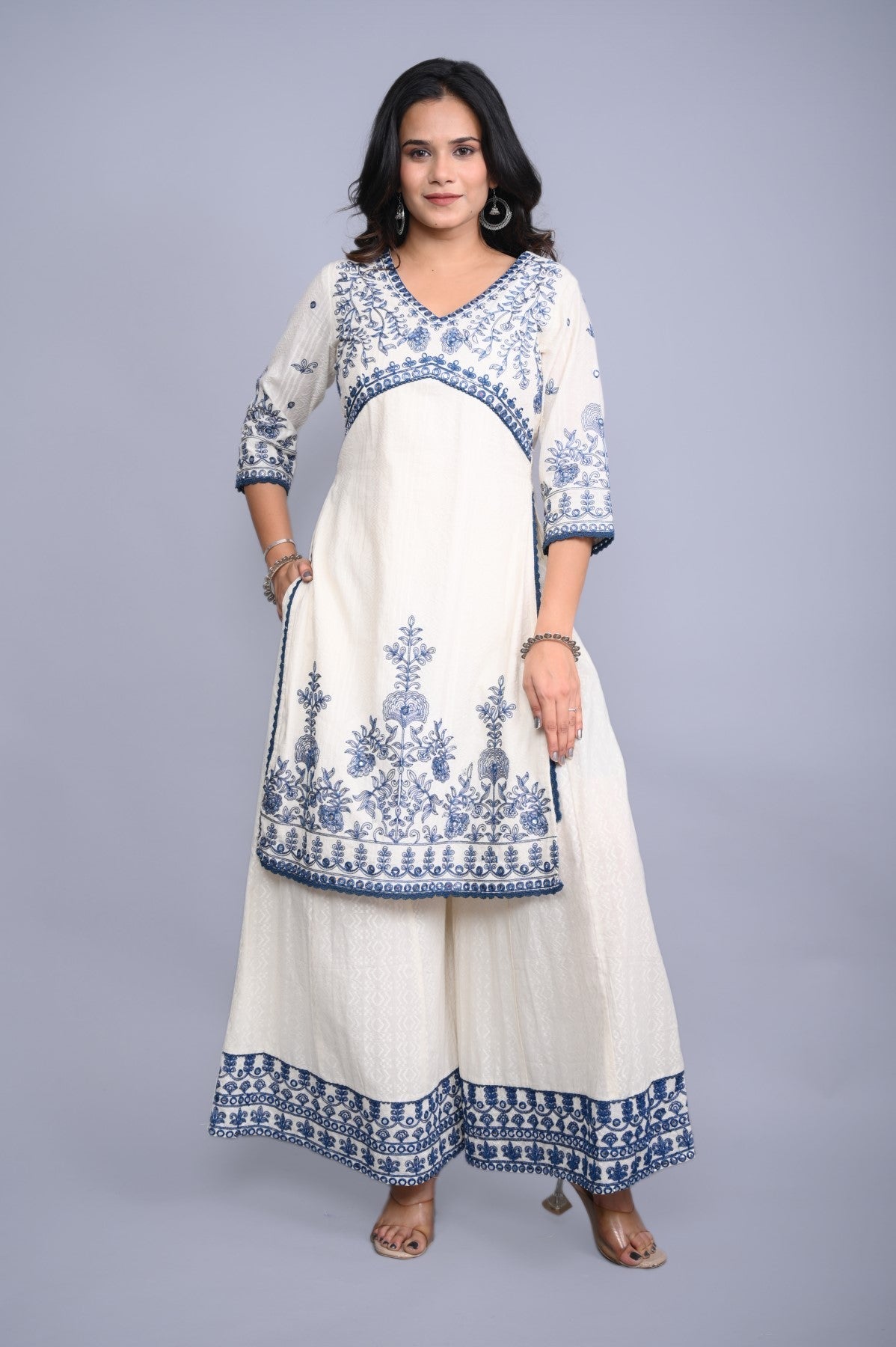 Juniper Women's White Cotton Dobby Embroidered Short Kurta Palazzo & Chiffon Dupatta | Grocsy