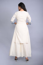 Juniper Women's White Cotton Dobby Embroidered Short Kurta Palazzo & Chiffon Dupatta | Grocsy